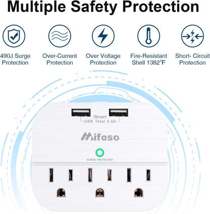 3-Outlet Surge Protector with Dual USB Wall Charger (Smart 2.4A) - Multi-Plug Outlet Extender for Home, Office, and Travel - 490 Joules, White