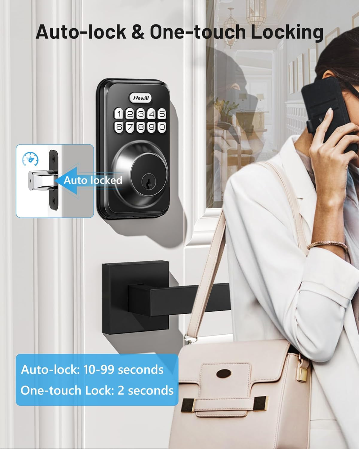 Matte Black Keyless Entry Door Lock Set - Electronic Keypad Deadbolt with Auto-Locking & Anti-Peeping Password, Includes 2 Lever Handles