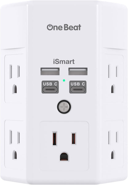 1680J 3-Sided Power Strip with Surge Protection, 5 Outlet Expander, 4 USB Ports (USB-C), Wall Mount Charger, Outlet Splitter Adapter for Home, Travel, and Office, ETL Listed, White