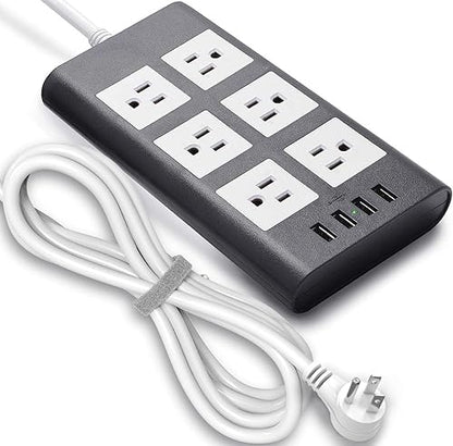 10-Foot 15A Power Strip with 6 Outlets and 4 USB Ports, Surge Protector, 14AWG Extension Cord, Adjustable Angle Flat Plug, Compatible with 110V-240V for Kitchen, Office, Home, and Gaming Room, Gray and White