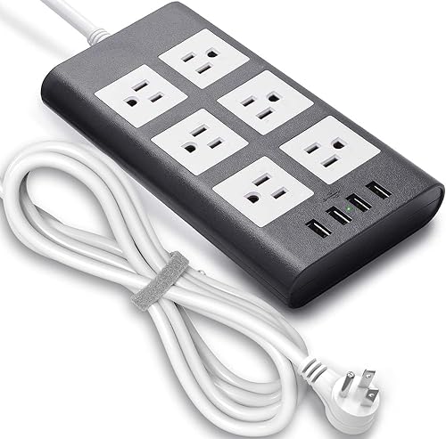 10-Foot 15A Power Strip with 6 Outlets and 4 USB Ports, Surge Protector, 14AWG Extension Cord, Adjustable Angle Flat Plug, Compatible with 110V-240V for Kitchen, Office, Home, and Gaming Room, Gray and White