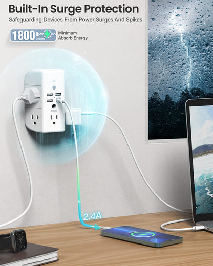 3-Sided Multi-Plug Power Strip with Shelf, Night Light, Surge Protection, and USB Wall Charger - 5 AC Outlets, 3 USB Ports, and 1 USB-C Port, White
