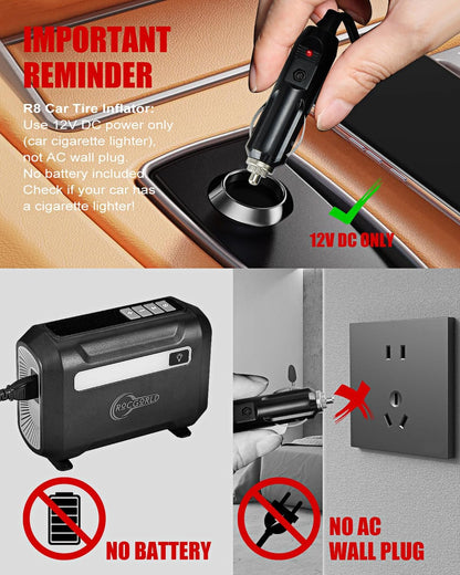 R8 Portable Tire Inflator - Fast 3X Inflation Air Compressor with Dual Digital Screen for Car, Bike, and Sports Equipment