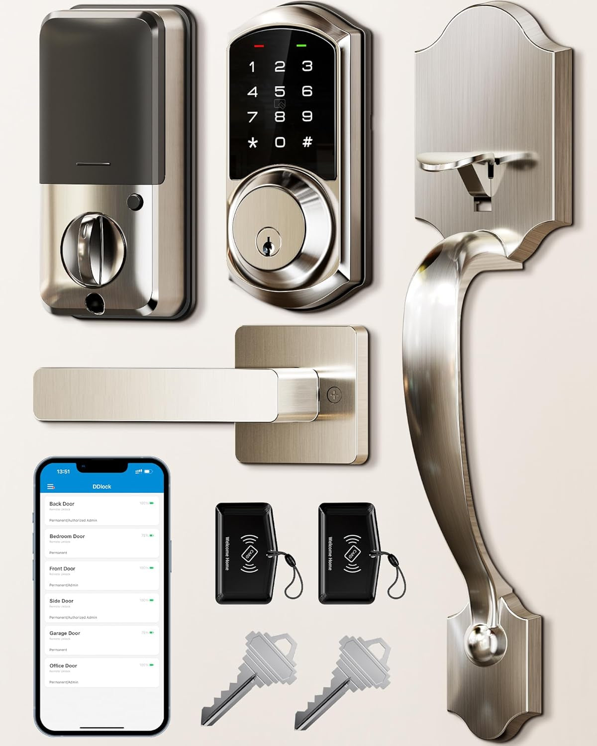 Smart Front Door Lock Set VE06-H - Keyless Entry with App Control, Touchscreen Keypad & Lever Handle - Matte Black, Easy Install & Auto Lock