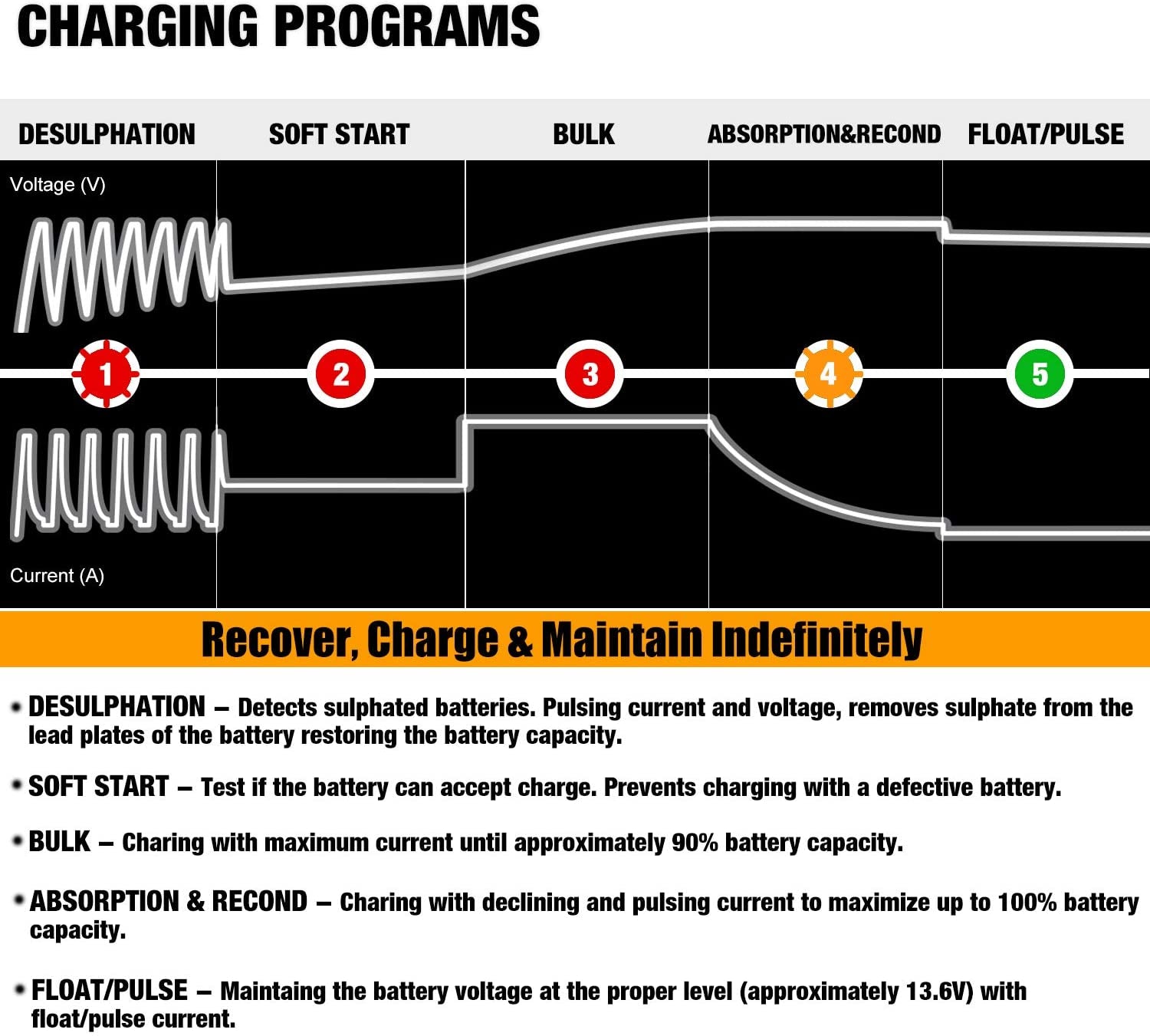 12V 800mA Automatic Battery Charger & Maintainer - Trickle Charge & Desulfator