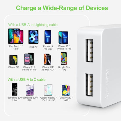 Dual Port Ultra-Slim Flat USB Wall Charger with Smart IC Technology, White