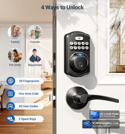 Keyless Fingerprint Door Lock Set - Smart Digital Deadbolt with 2 Lever Handles, Auto-Locking, Easy Install, Matte Black Finish