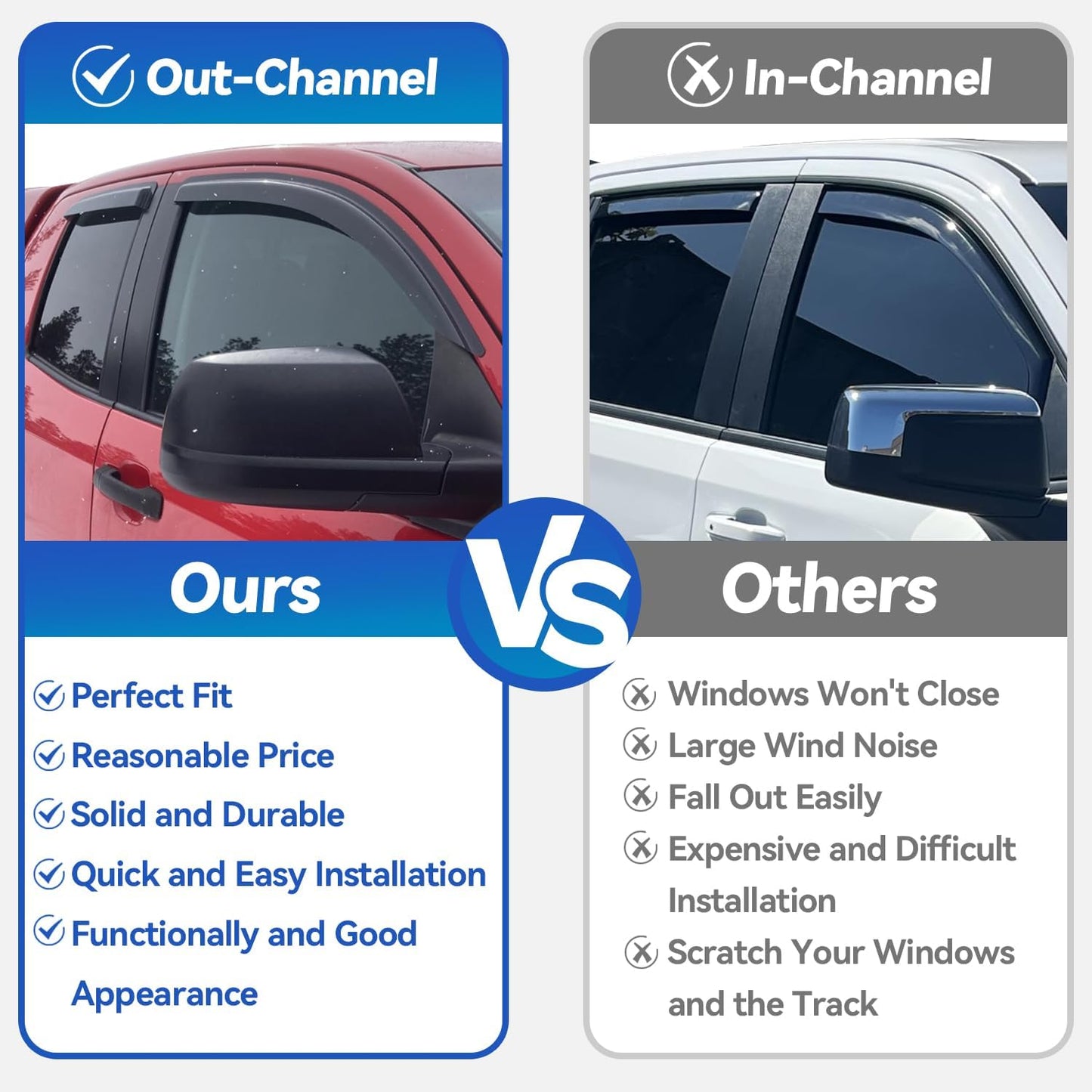 Premium Window Visors Rain Guards for 2015-2025 Ford F150 Supercrew - Out-Channel Sun & Rain Shades Vent Deflectors for F-150 Raptor, F250, F350, F450, F550 Super Duty Crew Cab