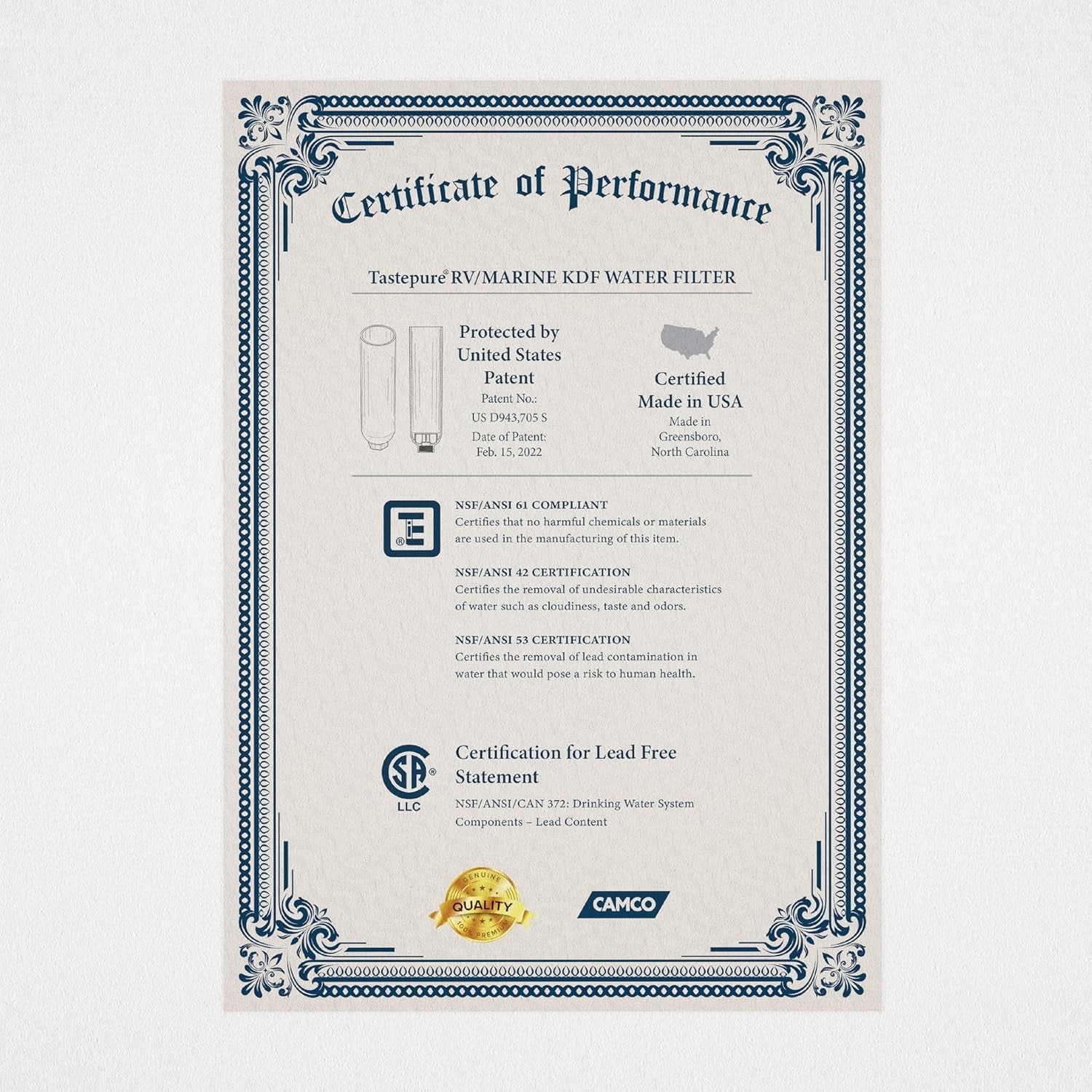 Tastepure RV Water Filter - Premium Inline Filter for Fresh Drinking Water - Made in USA - Essential for Camping & Travel