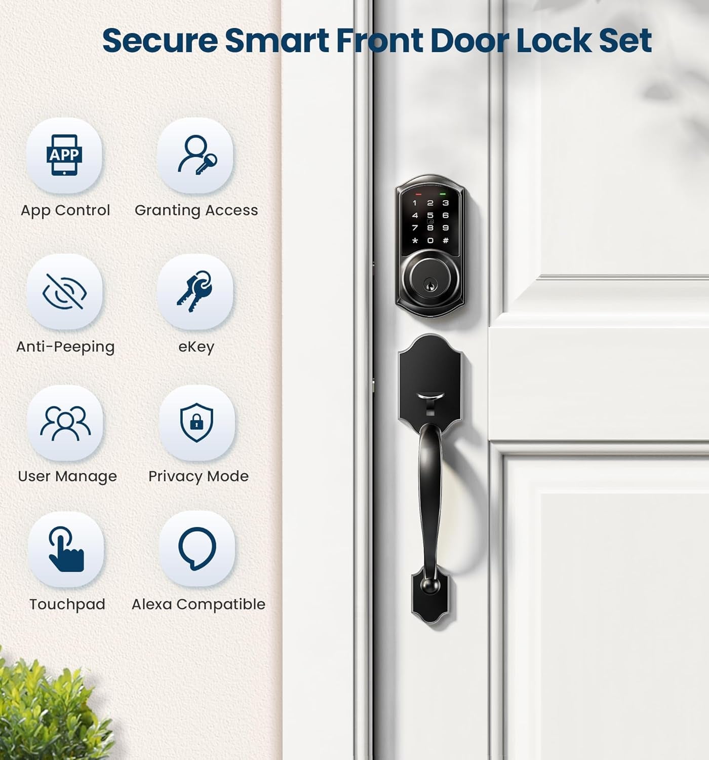 Smart Front Door Lock Set VE06-H - Keyless Entry with App Control, Touchscreen Keypad & Lever Handle - Matte Black, Easy Install & Auto Lock
