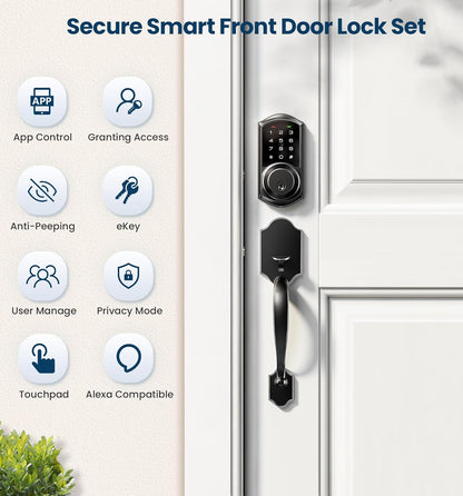 Smart Front Door Lock Set VE06-H - Keyless Entry with App Control, Touchscreen Keypad & Lever Handle - Matte Black, Easy Install & Auto Lock
