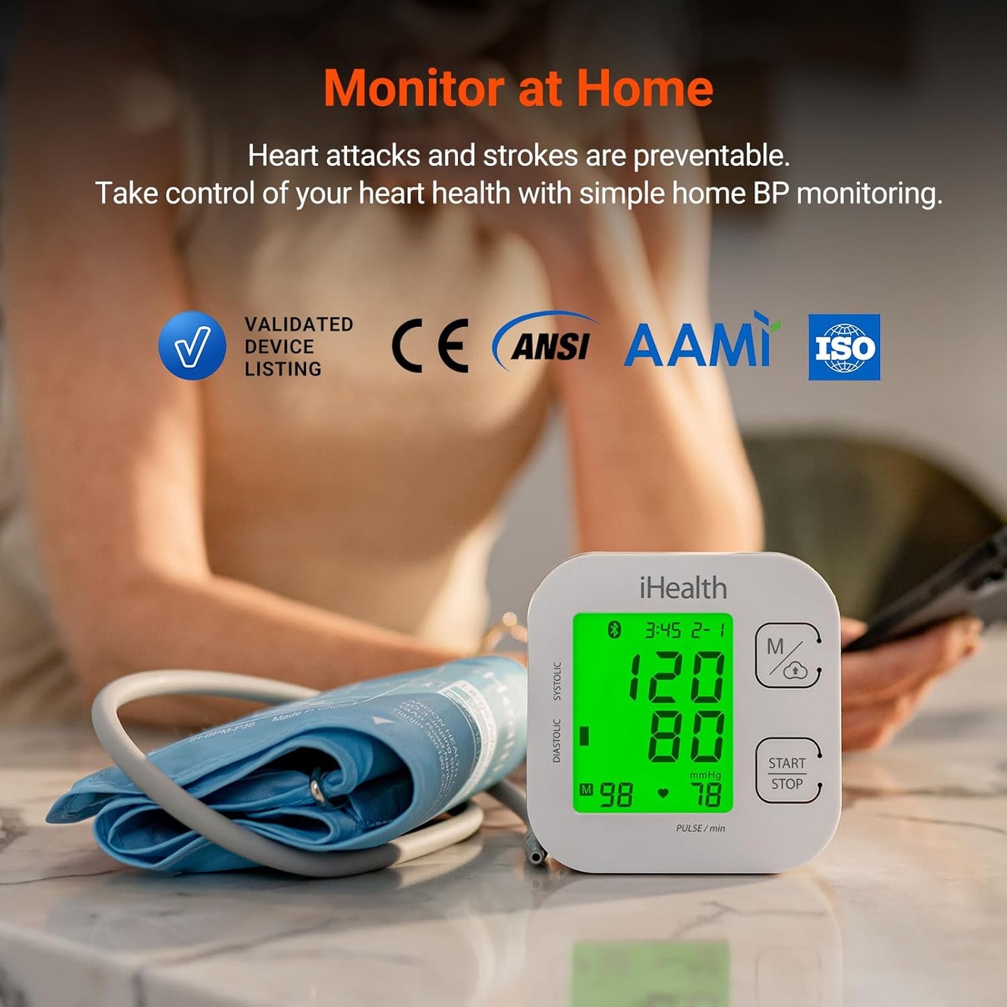 Smart Upper Arm Blood Pressure Monitor with Adjustable Cuff for Adult Sizes, Bluetooth Compatible with iOS and Android Devices