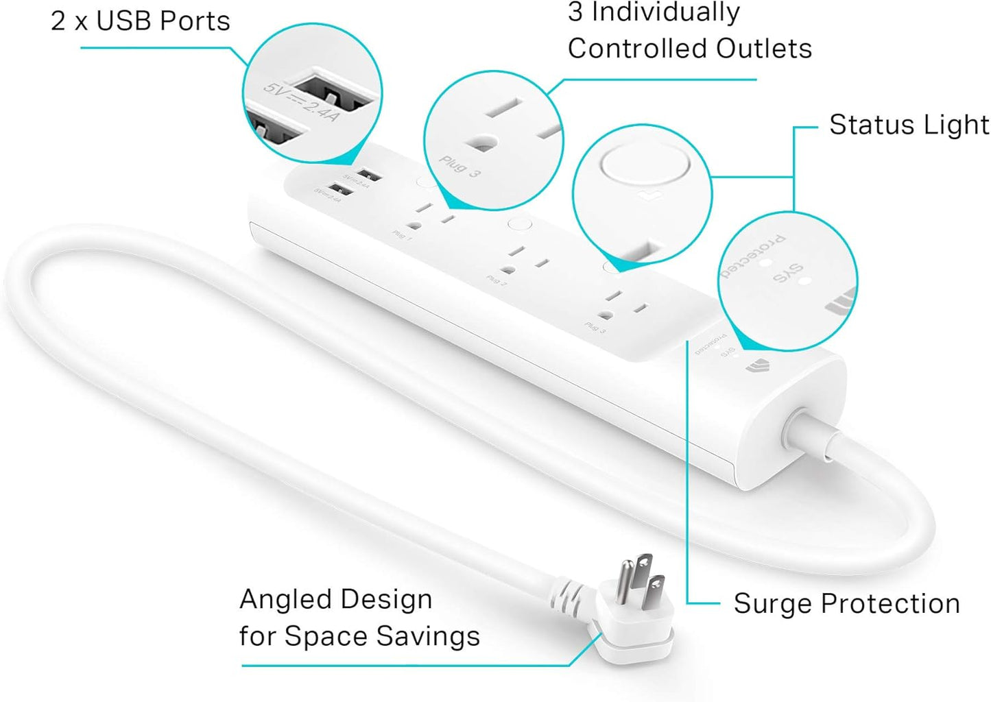 Plug Power Strip KP303 - Surge Protector with 3 Smart Outlets and 2 USB Ports, Compatible with Alexa and Google Home, No Hub Required, White