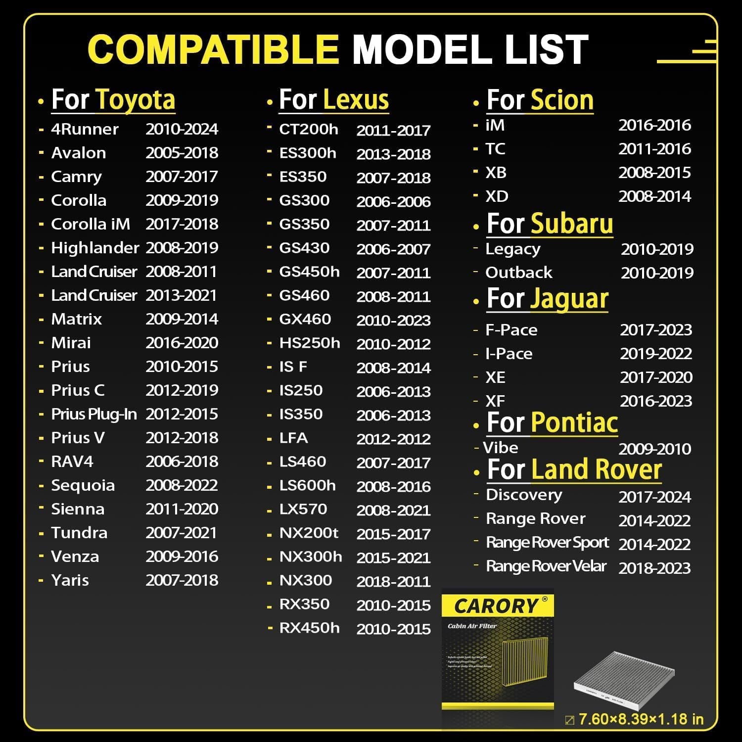Premium Activated Carbon Cabin Air Filter for Toyota, Lexus, Subaru, Jaguar, Land Rover & More - Enhance Your Air Quality!