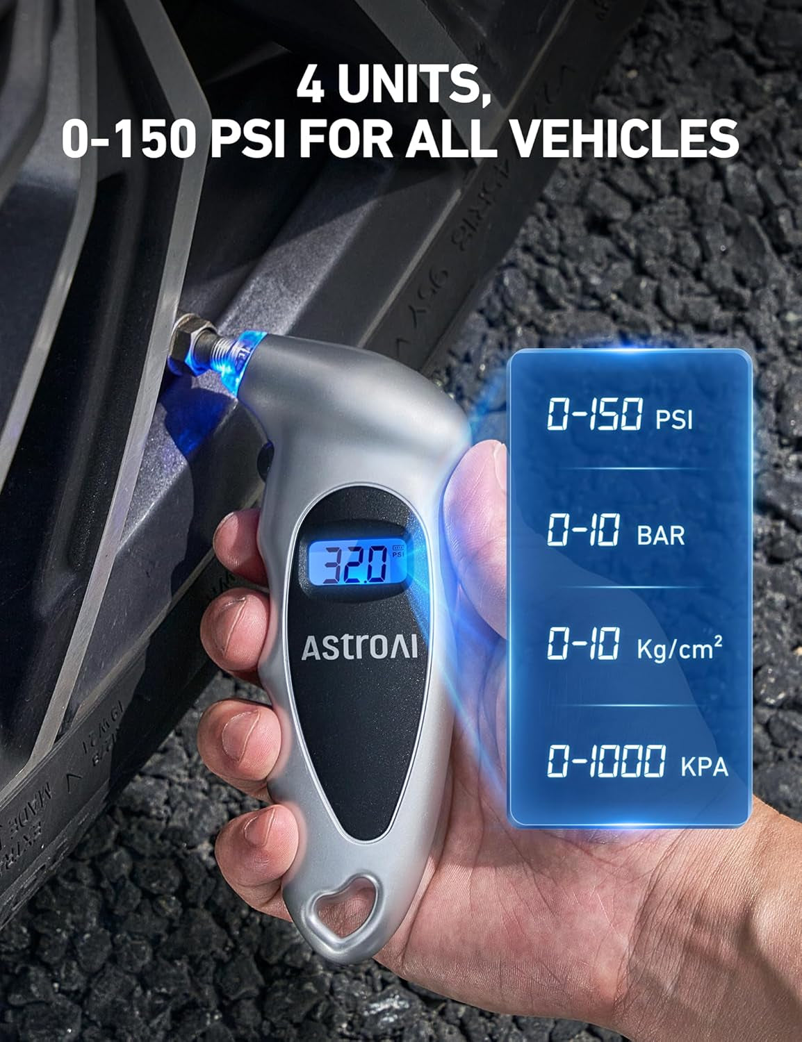 Digital Tire Pressure Gauge 0-150PSI - Accurate to 0.1 PSI, Backlight LCD, Presta Valve Adaptor - Perfect Stocking Stuffer for Cars, Trucks, and Bicycles - Sleek Silver Design