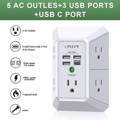 5-Outlet Wall Charger and Surge Protector with 4 USB Charging Ports (4.8A Total) - 3-Sided Power Strip Multi-Plug Adapter for Home, Travel, and Office (Model 3U1C)