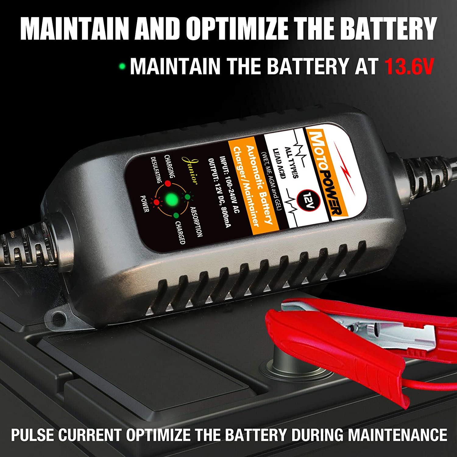 12V 800mA Automatic Battery Charger & Maintainer - Trickle Charge & Desulfator