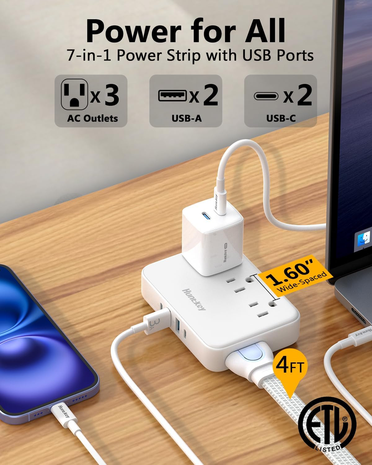 Professional Power Strip with Detachable Cord (4FT), 3 Non-Surge Outlets for Travel and Cruise, 4 USB Ports (2 USB-C, 2 USB-A), ETL Certified
