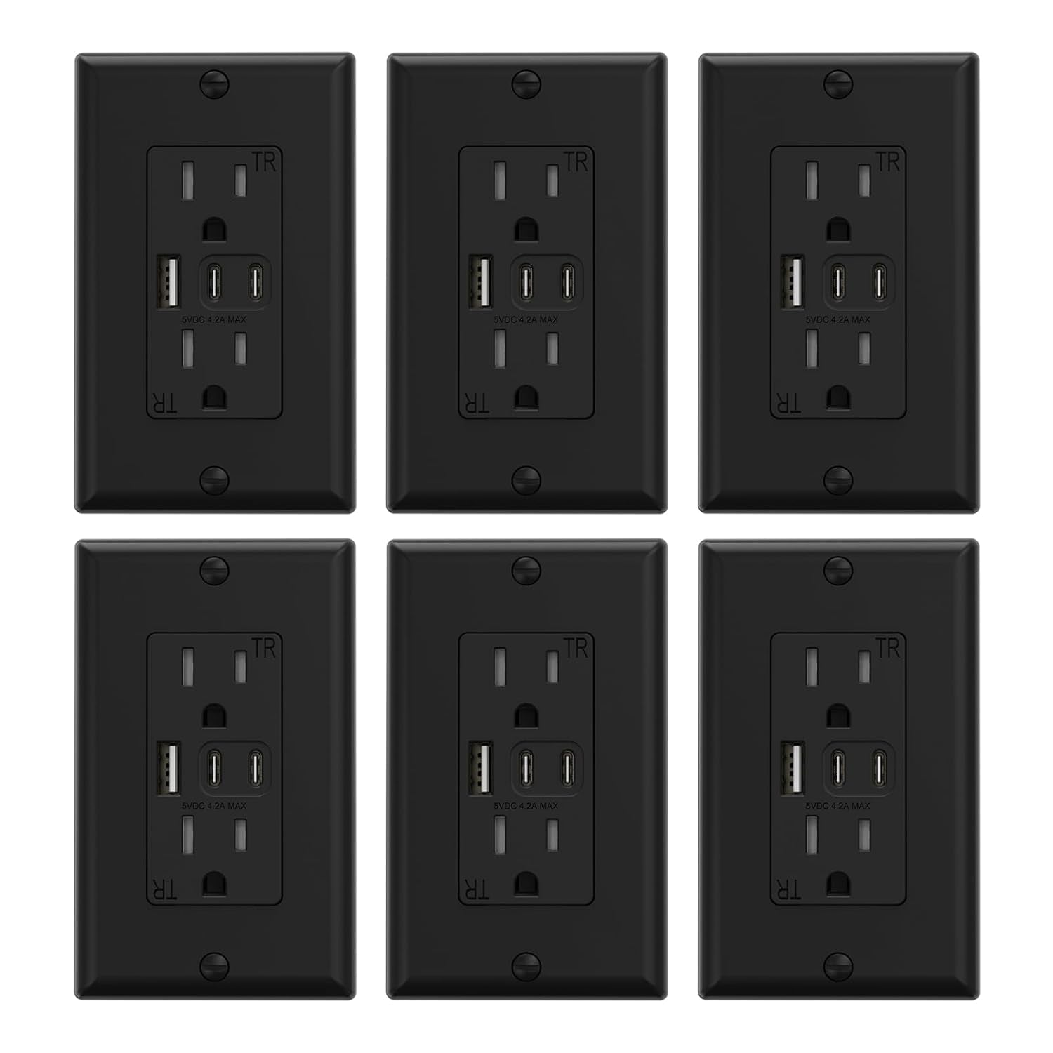 15 Amp Wall Outlet with 3 USB Ports, Dual USB-C Ports, Tamper-Resistant Design, Includes Wall Plate, UL/CUL Listed, Black, 1 Pack