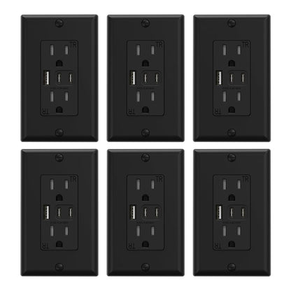15 Amp Wall Outlet with 3 USB Ports, Dual USB-C Ports, Tamper-Resistant Design, Includes Wall Plate, UL/CUL Listed, Black, 1 Pack