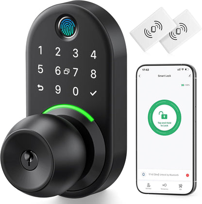 Smart Keypad Door Lock with Fingerprint Access & Remote Passcode Generation - Easy Installation Knob Lock for Front Doors
