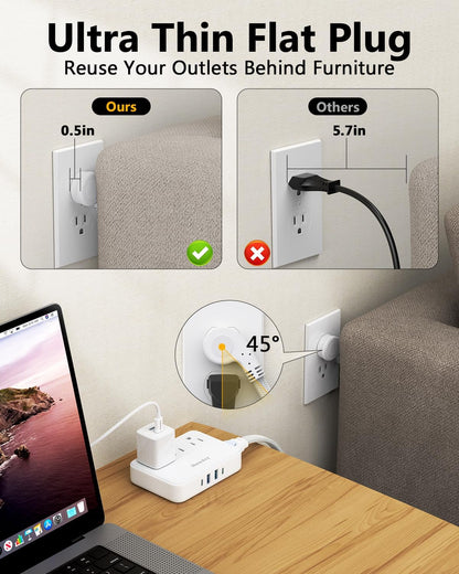 Professional Power Strip with Detachable Cord (4FT), 3 Non-Surge Outlets for Travel and Cruise, 4 USB Ports (2 USB-C, 2 USB-A), ETL Certified