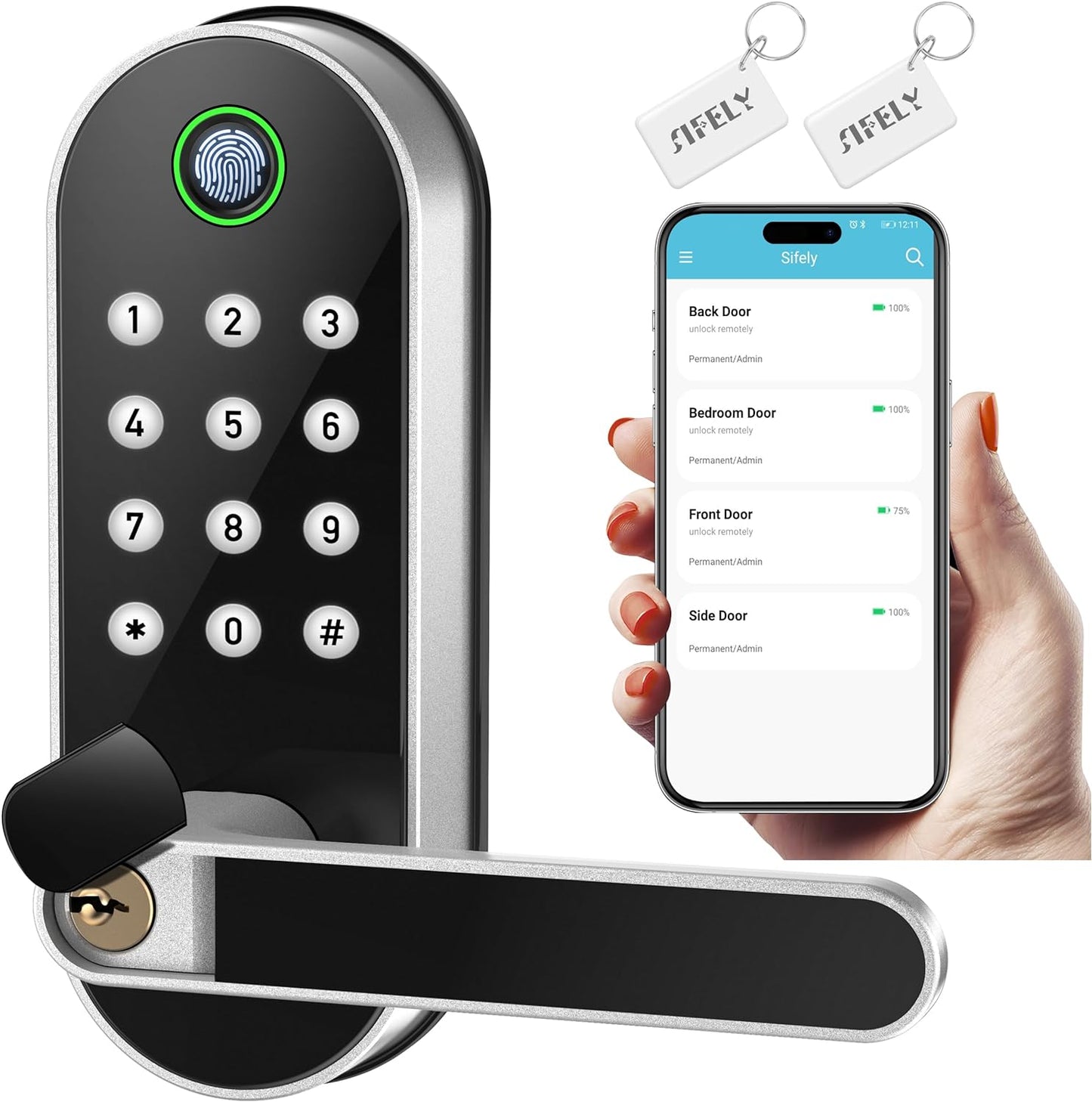 Smart Fingerprint Keyless Entry Lock with Keypad & Handle - Biometric Electronic Deadbolt for Front, Interior, and Bedroom Doors (Silver)
