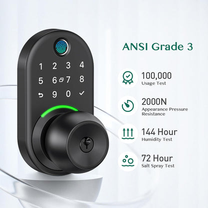 Smart Keypad Door Lock with Fingerprint Access & Remote Passcode Generation - Easy Installation Knob Lock for Front Doors