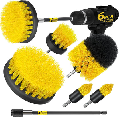 6-Pack Heavy-Duty Drill Brush Power Scrubber Set - Versatile Cleaning Attachments for Grout, Floors, Tubs, Showers, Tiles, and More - Bright Yellow