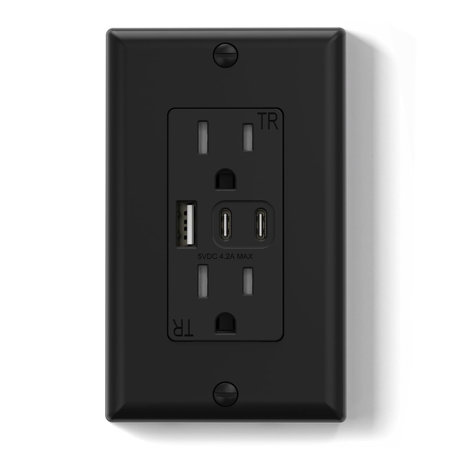 15 Amp Wall Outlet with 3 USB Ports, Dual USB-C Ports, Tamper-Resistant Design, Includes Wall Plate, UL/CUL Listed, Black, 1 Pack