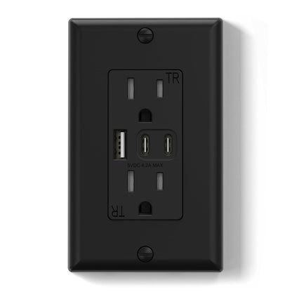 15 Amp Wall Outlet with 3 USB Ports, Dual USB-C Ports, Tamper-Resistant Design, Includes Wall Plate, UL/CUL Listed, Black, 1 Pack