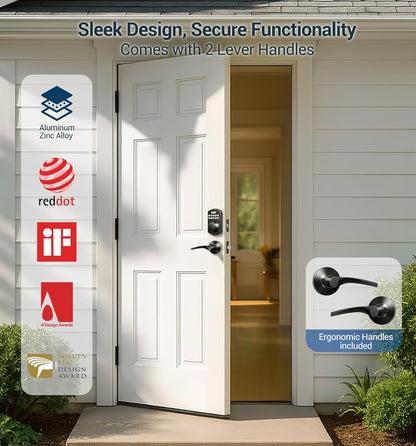 Keyless Fingerprint Door Lock Set - Smart Digital Deadbolt with 2 Lever Handles, Auto-Locking, Easy Install, Matte Black Finish