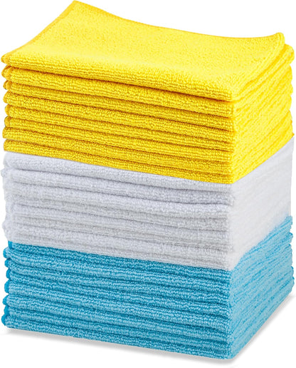 Premium Ultra Absorbent Microfiber Cleaning Cloths - Lint Free, Streak Free, Non-Abrasive, Reusable & Washable - 16" X 12" - Pack of 24 (Blue/White/Yellow)