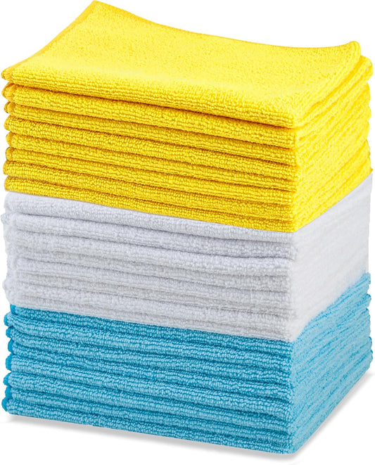 Premium Ultra Absorbent Microfiber Cleaning Cloths - Lint Free, Streak Free, Non-Abrasive, Reusable & Washable - 16" X 12" - Pack of 24 (Blue/White/Yellow)