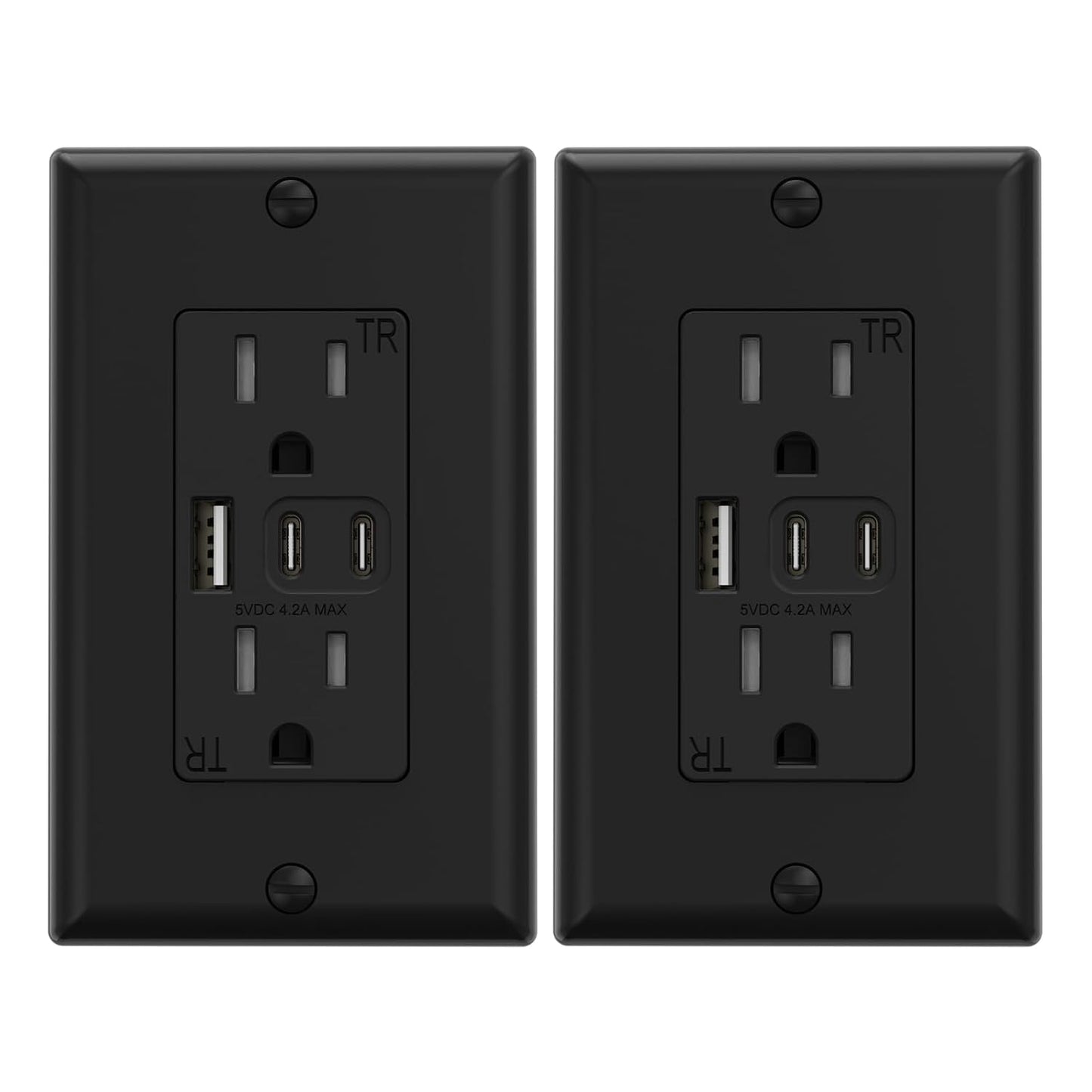15 Amp Wall Outlet with 3 USB Ports, Dual USB-C Ports, Tamper-Resistant Design, Includes Wall Plate, UL/CUL Listed, Black, 1 Pack
