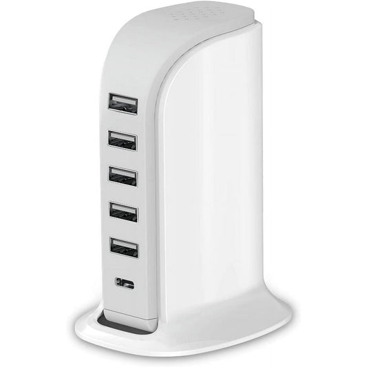 40W Multi-Device Charging Station with 5 USB Ports and Smart IC Technology, Includes Type-C 3A Port for iPhone, iPad, Tablets, and Smartphones - Ideal for Home and Office Use