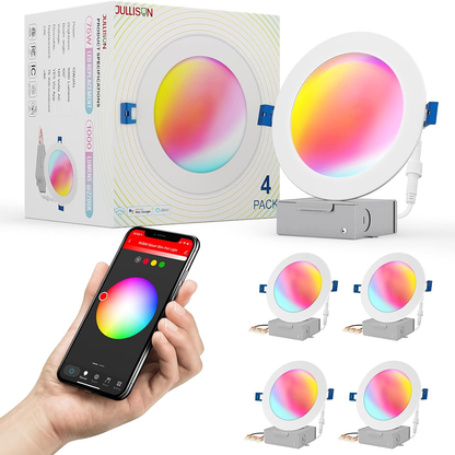 6-Inch LED Smart Slim Recessed Pot Light with WiFi APP and Voice Control, 120VAC, 13W, 1000LM, RGB + 2700K-6000K, ETL, FCC, and IC Rated, Wet Location Compatible with Alexa/Google Home, Pack of 4