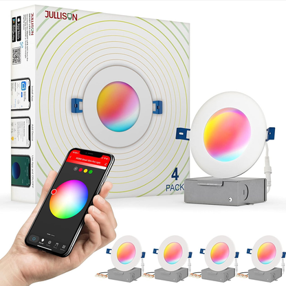 6-Inch LED Smart Slim Recessed Pot Light with WiFi APP and Voice Control, 120VAC, 13W, 1000LM, RGB + 2700K-6000K, ETL, FCC, and IC Rated, Wet Location Compatible with Alexa/Google Home, Pack of 4