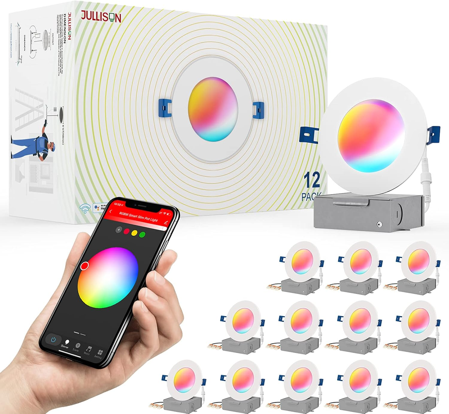 6-Inch LED Smart Slim Recessed Pot Light with WiFi APP and Voice Control, 120VAC, 13W, 1000LM, RGB + 2700K-6000K, ETL, FCC, and IC Rated, Wet Location Compatible with Alexa/Google Home, Pack of 4