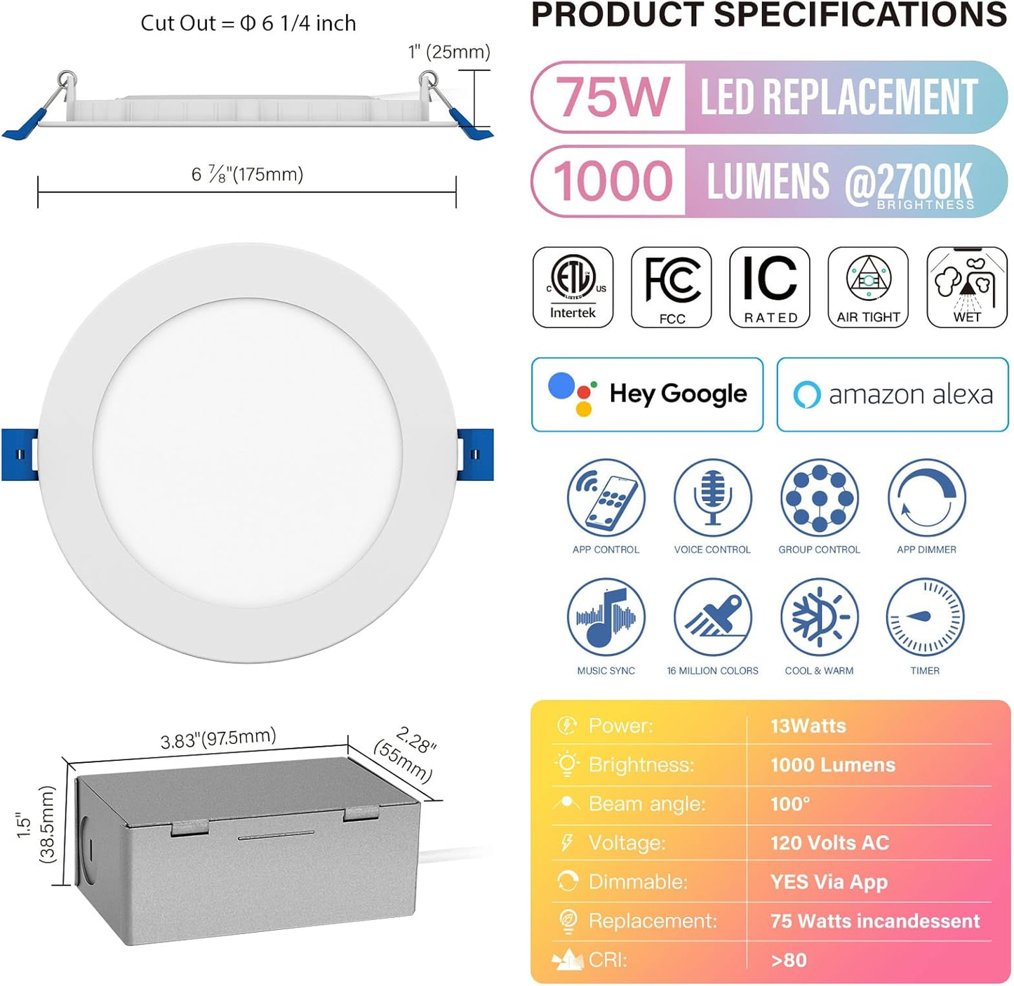 6-Inch LED Smart Slim Recessed Pot Light with WiFi APP and Voice Control, 120VAC, 13W, 1000LM, RGB + 2700K-6000K, ETL, FCC, and IC Rated, Wet Location Compatible with Alexa/Google Home, Pack of 4