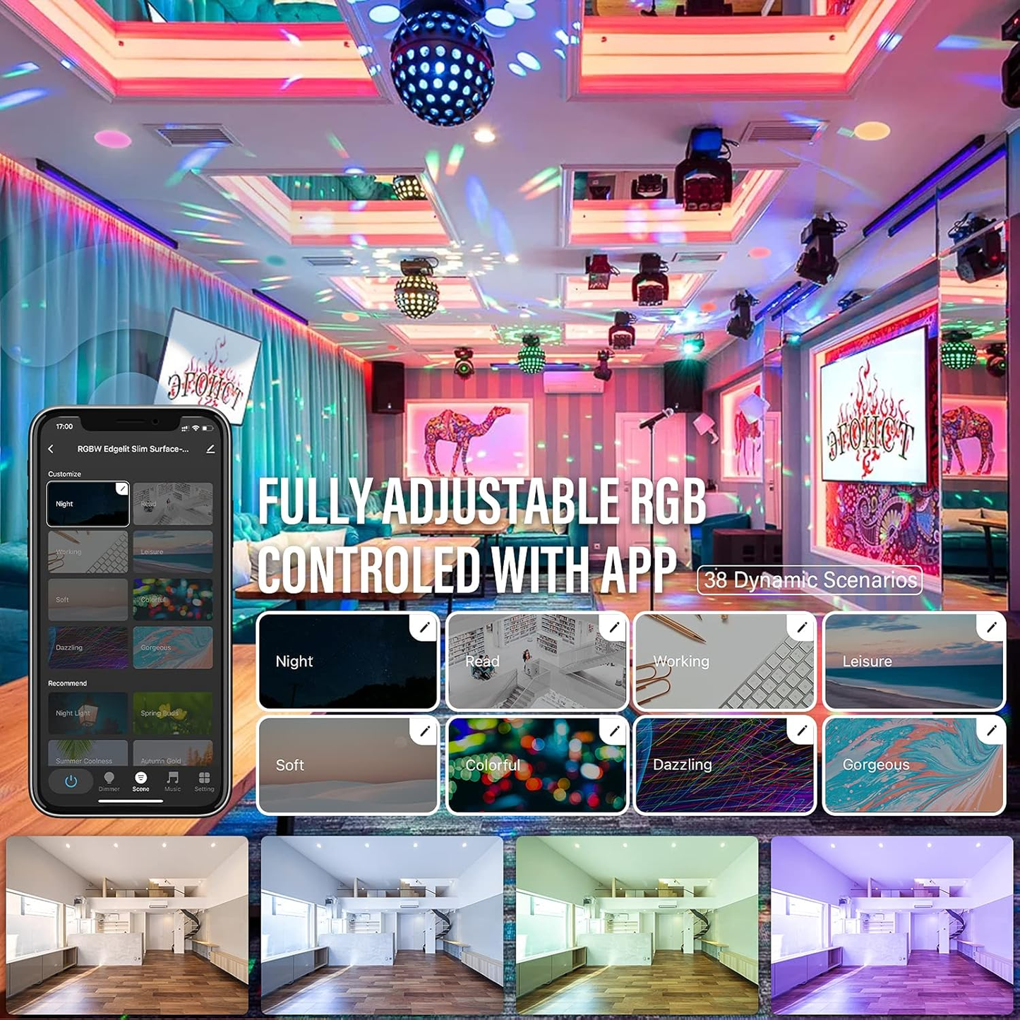 6-Inch LED Smart Slim Recessed Pot Light with WiFi APP and Voice Control, 120VAC, 13W, 1000LM, RGB + 2700K-6000K, ETL, FCC, and IC Rated, Wet Location Compatible with Alexa/Google Home, Pack of 4