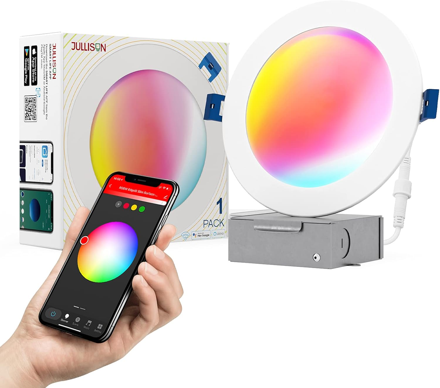 6-Inch LED Smart Slim Recessed Pot Light with WiFi APP and Voice Control, 120VAC, 13W, 1000LM, RGB + 2700K-6000K, ETL, FCC, and IC Rated, Wet Location Compatible with Alexa/Google Home, Pack of 4