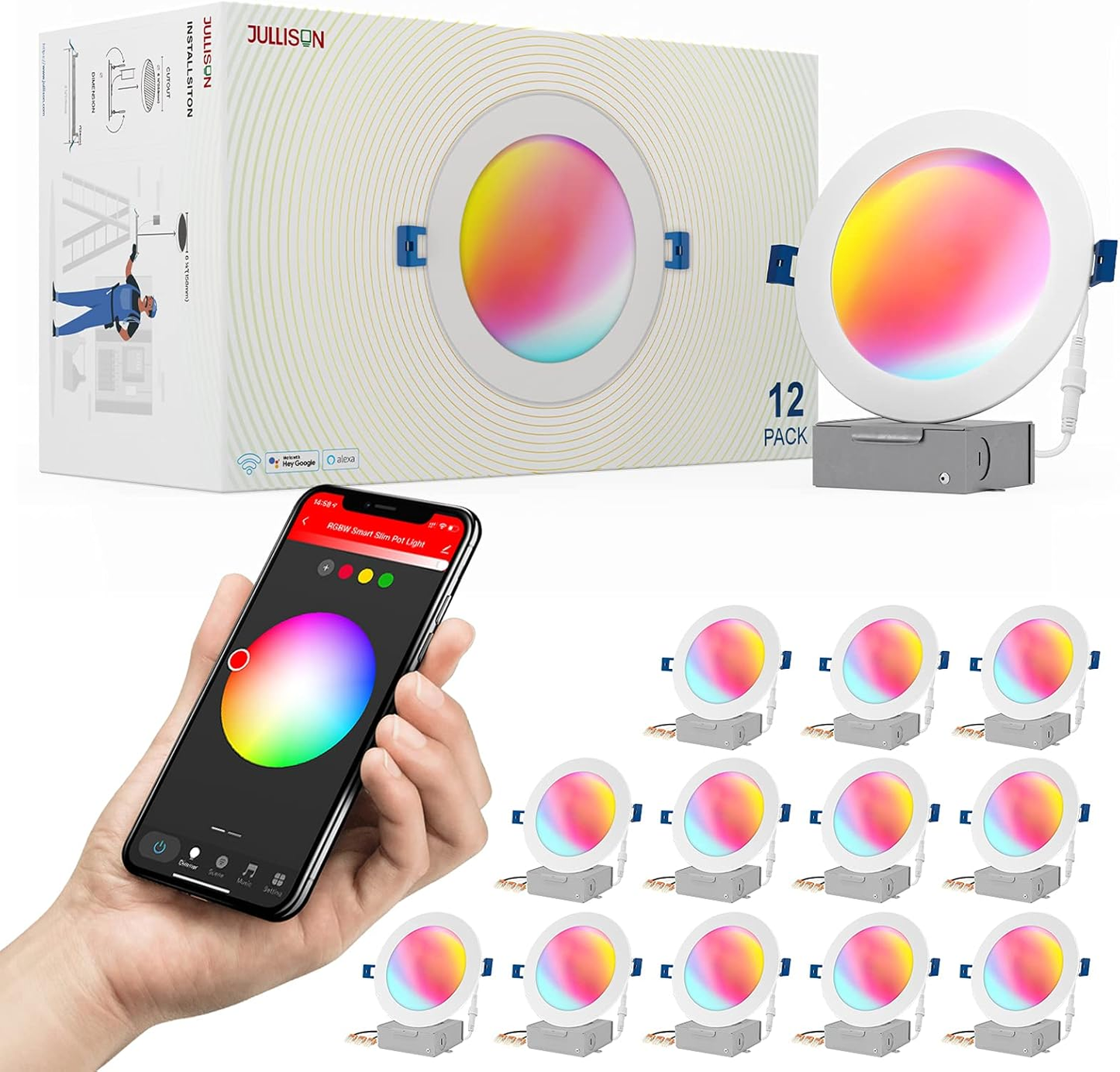 6-Inch LED Smart Slim Recessed Pot Light with WiFi APP and Voice Control, 120VAC, 13W, 1000LM, RGB + 2700K-6000K, ETL, FCC, and IC Rated, Wet Location Compatible with Alexa/Google Home, Pack of 4