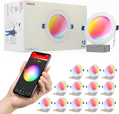 6-Inch LED Smart Slim Recessed Pot Light with WiFi APP and Voice Control, 120VAC, 13W, 1000LM, RGB + 2700K-6000K, ETL, FCC, and IC Rated, Wet Location Compatible with Alexa/Google Home, Pack of 4