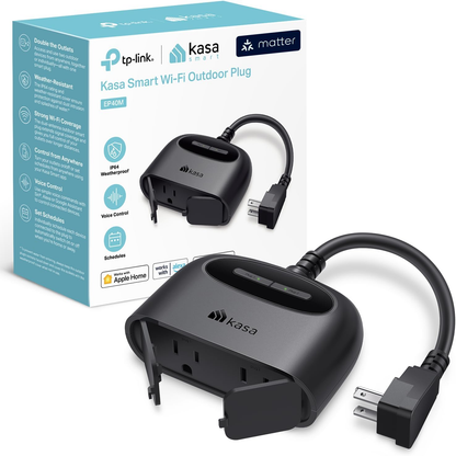 Kasa EP40A Outdoor Smart Plug with Dual Sockets, IP64 Weather Resistance, Compatible with Apple HomeKit, Siri, Alexa, and Google Home, Long Wi-Fi Range (2.4G Wi-Fi Only), ETL Certified