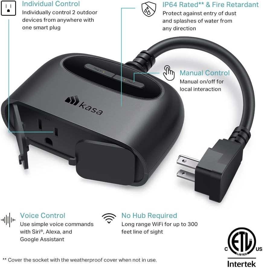 Kasa EP40A Outdoor Smart Plug with Dual Sockets, IP64 Weather Resistance, Compatible with Apple HomeKit, Siri, Alexa, and Google Home, Long Wi-Fi Range (2.4G Wi-Fi Only), ETL Certified