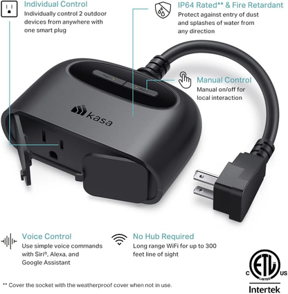 Kasa EP40A Outdoor Smart Plug with Dual Sockets, IP64 Weather Resistance, Compatible with Apple HomeKit, Siri, Alexa, and Google Home, Long Wi-Fi Range (2.4G Wi-Fi Only), ETL Certified