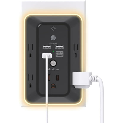 Surge Protector with Night Light, 5-Outlet Splitter and 4 USB Ports (including 1 USB-C), Multi-Plug Wall Outlet for Home, Office, and Dorm Room Use