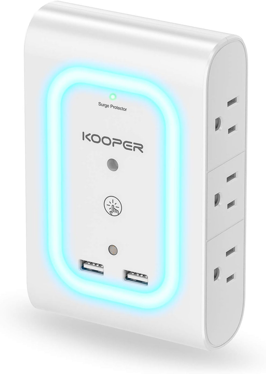 Surge Protector Outlet Extender with Dusk-to-Dawn Night Light, 6-Outlet Adapter and 2 USB Ports, 1080J Wall Mount for Hallway, Stairs, Bathroom, and Kitchen (Ice Blue Light)