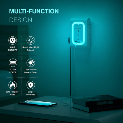 Surge Protector Outlet Extender with Dusk-to-Dawn Night Light, 6-Outlet Adapter and 2 USB Ports, 1080J Wall Mount for Hallway, Stairs, Bathroom, and Kitchen (Ice Blue Light)
